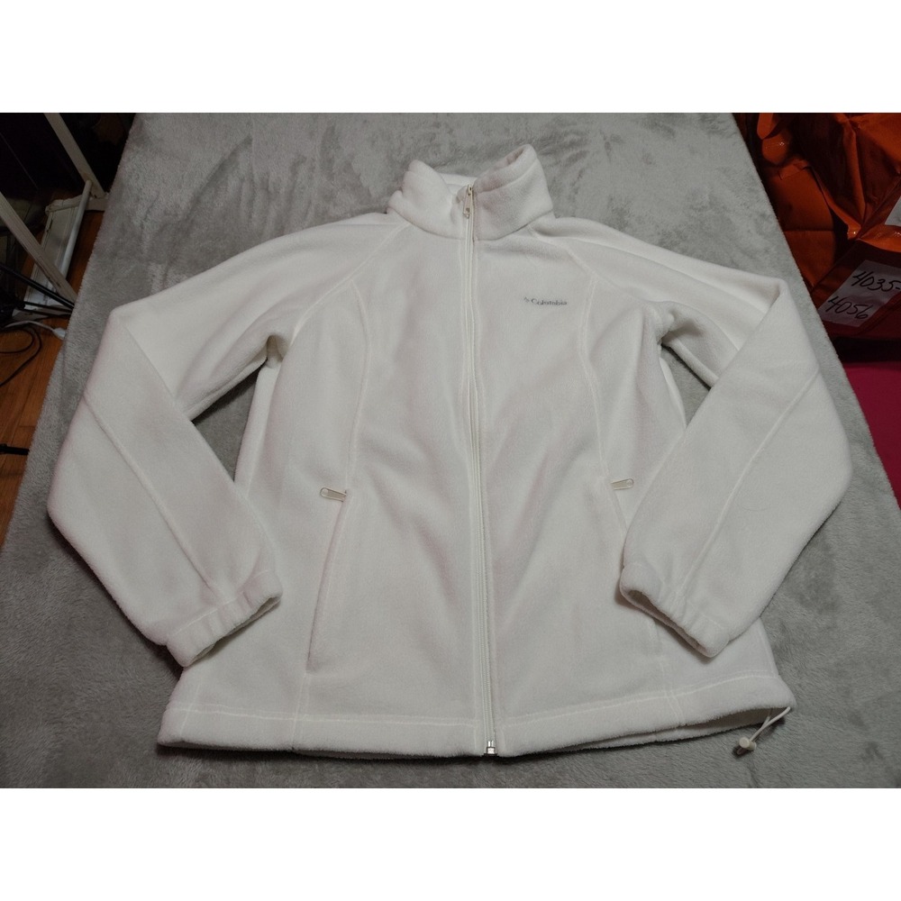Columbia Fleece Jacket Ladies L White Full Zip Soft Comfort Hiking Vacation